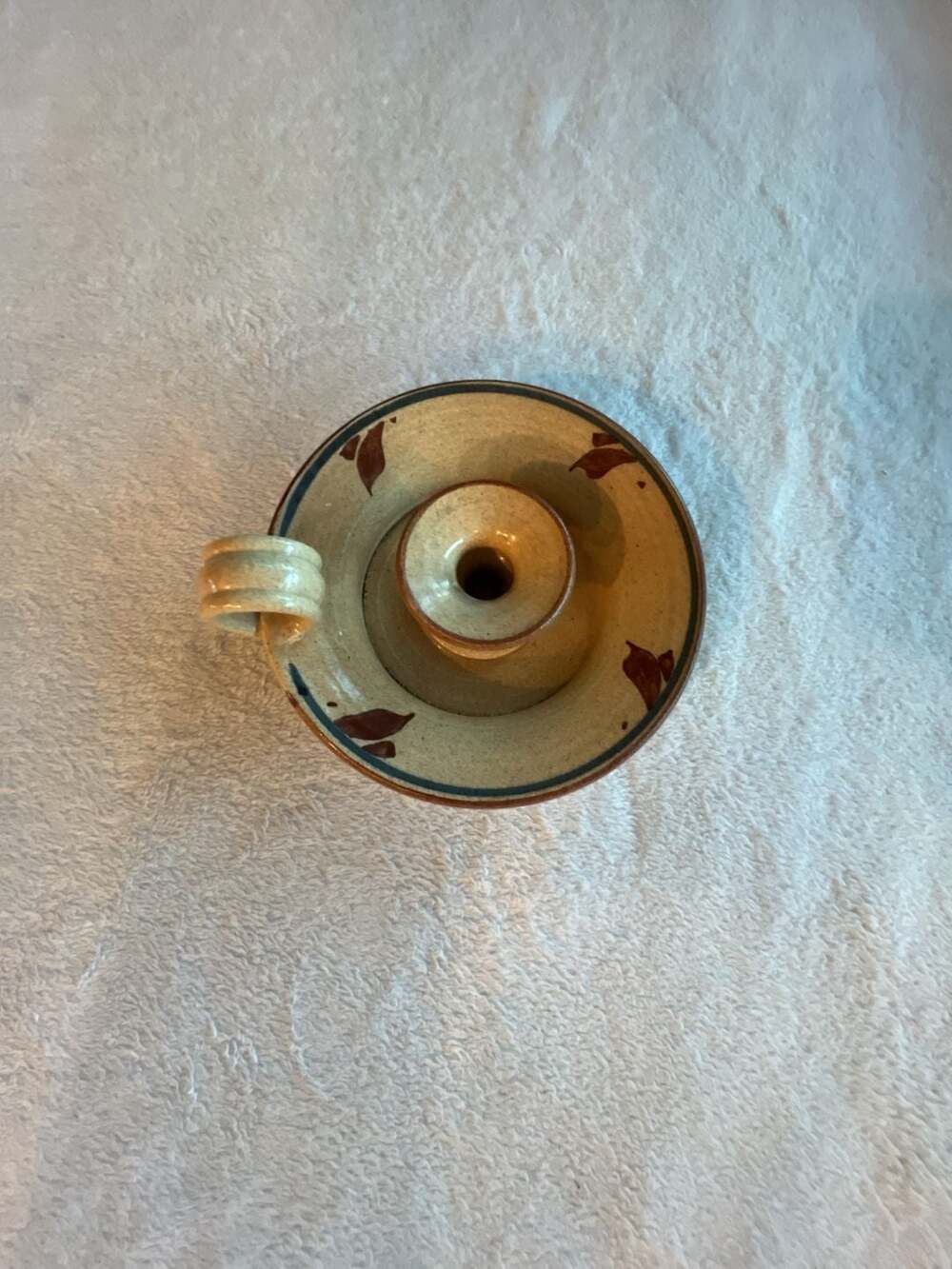 Handmade Pottery Chamberstick Candle Holder Finger Loop Brown Leaf Glaze